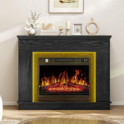 TAUS Fireplace with 39 Surround, Black Electric Fireplace Free Standing with Realistic Flame Effect Fireplaces Heater, with Timer and 7 Color LED Light Strip and Remote Control