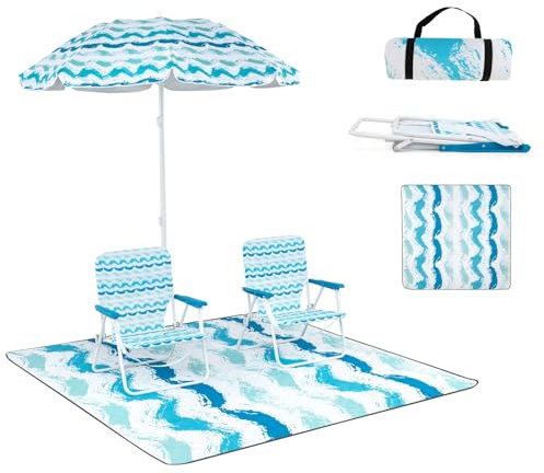 KOMFOTTEU 2er Set Strandstühle klappbar mit 175 cm Sonnenschirm neigbar & Strandmatte, Campingstühle bis 150 kg, Klappstühle mit Rückentasche & Tragetasche, für Strand, Picknick (Blau)