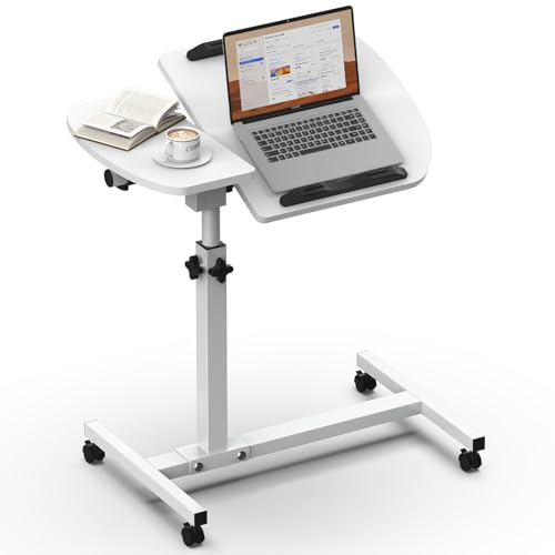 Soontrans Betttisch auf Rollen, 60×40cm, Laptoptisch Höhenverstellbar, Beistelltisch Bett mit Mehreren Winkeln neigbarer Platte, für Krankenbett, Pflegebett, Wohnzimmer, Schlafzimmer, Büro (weiß)