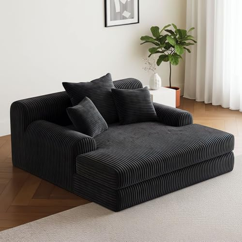 150 cm överdimensionerad schäslong stol inomhus, bekväm manchester stoppad bäddsoffa, benlös djup sits lounge soffa med prydnadskuddar och armstöd, modern soffa för vardagsrum sovrum, svart