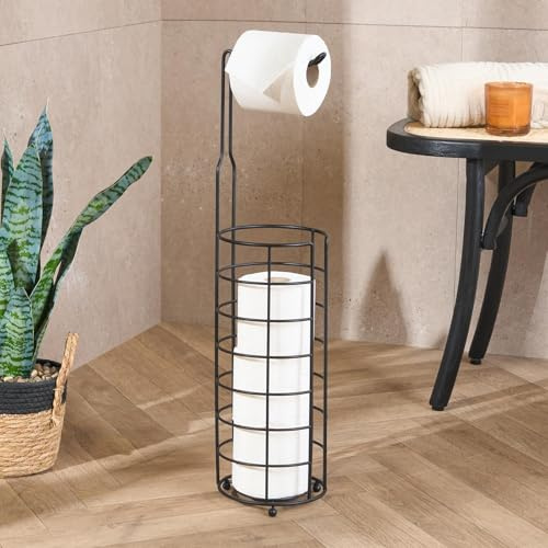 OHS Freestanding Toilet Roll Holder, Metal Black Wire Bathroom Roll Holder Stand Storage for 4 Toilet Papers Waterproof Anti Rust Tissue Storage Dispenser