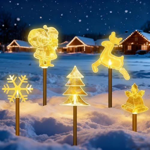 HUIKUANGEU éclairages de Noël Solaires en Acrylique,5 Pièces Piquets de Jardin Led,éclairage de Noël Led,éclairage de Noëls Extérieur en Acryliques,pour Cour