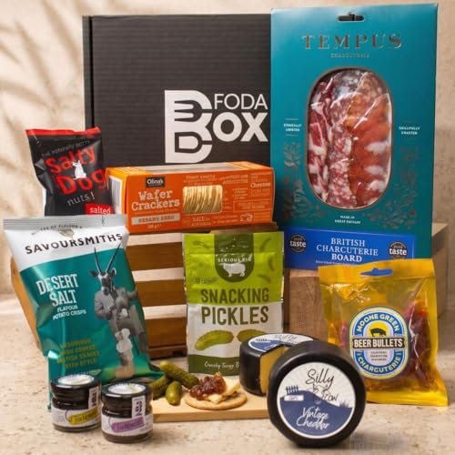 Charcuterie Gift Box, 10 Item Meat Hamper with Cheese, Crackers, Pickles | 10 Items Non Alcoholic Food Gift for Men, Women & Foodies, Hampers by FodaBox