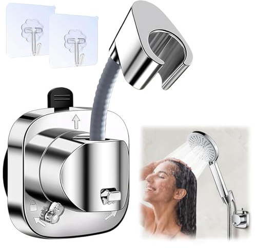 Shower Head Holder, 360° Rotatable Adjustable Design Shower Holder Bracket with Hook Suitable for Most Shower Heads No Drill Wall Mount Bracket for Bathroom (Silver)