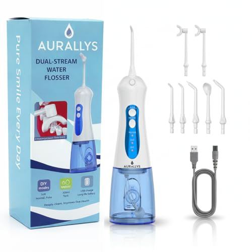 Irrigador Bucal Inalámbrico AURALLYS, IPX7 Impermeable, Incluye 7 Boquillas, Batería 2000mAh, Tanque 280ml, 3+DIY Modos, con Modo Personalizable (Azul y Blanco)