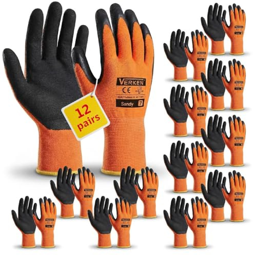 GUARDIS Guanti da lavoro invernali foderati – Set di 12 paia di guanti da lavoro invernali, taglia 8/M, caldi con rivestimento in lattice per freddo, impugnatura antiscivolo, colore arancione