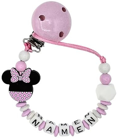 Nuckelkette mit Namen  MAUS/MAUSKOPF  Rosa Weiß/Baby/Unisex/Personalisiert/HANDMADE