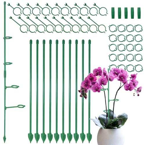 Lot de 10 Tuteurs Plantes 30cm, Support de Croissance avec Anneaux Étendus, Piquets Modulaires Empilables pour Orchidées, Tomates et Fleurs, Kit Complet avec Clips et Raccords