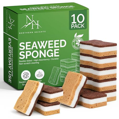 Northern Heights Seaweed Cleaning Sponges 10 Pack – Three Layer Kitchen Dishwashing Sponge – Non Scratch Scrubber – Reusable Washing Up Pads