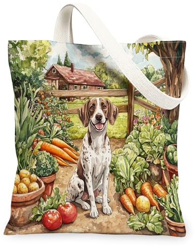 Spring Shorthaired Pointer Dog Gardening Canvas Tote Bag for Shopping 13x15, Farmhouse Country Reusable Grocery Print Pattern Bag for Women, Planting Aesthetic Painting Gift Decor