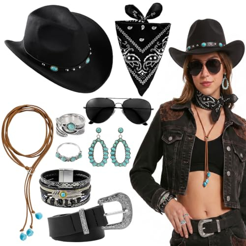 9Stück Zubehör Cowboy Kostüm Damen Schwarz Cowboyhut Western Outfit Cowgirl | Western Gürtel Halskette Bandana Ringe Sonnenbrille Ohrringe Deko Western Kostüm Karneval Halloween Cosplay Costume Cowboy