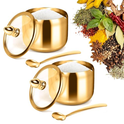 Xusxes Pack de 2 Azucarero de Acero Inoxidable con Tapa y Cuchara (Oro) | Cuencos Dorados de Azúcar, Contenedor de Azúcar de Acero Inoxidable 304, 430ml para Sal Especias Café, Accesorio de Cocina