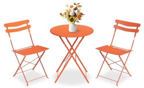 Bistroset 3-Teilig Mit Bistrotisch&2 Klappbaren Stühlen, Gartenmöbel Set | Outdoor Bistro Set, Gartentisch/Balkonset Aus Klapptisch&2x Klappstühlen, Gartenset/Sitzgruppe Metall Für Garten-Orange