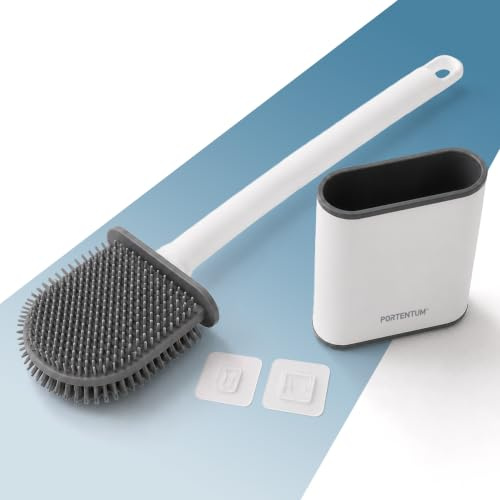 PORTENTUM Escobilla baño Silicona con escobillero antigoteo y Secado rápido – Escobilla WC de Cabezal Ancho con Superficie Plana y Lateral Fino – Suelo o Pared sin Taladro – Accesorios baño