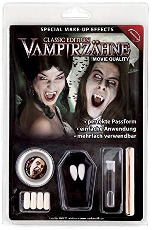 Maskworld Vampir Zähne Deluxe-Set inkl. Dentalmasse/Zahn-Kleber - hochwertige Wiederverwendbare Dracula Weiße Eckzähne für Halloween, Karneval & Fantasy - Classic Edition - Movie Quality