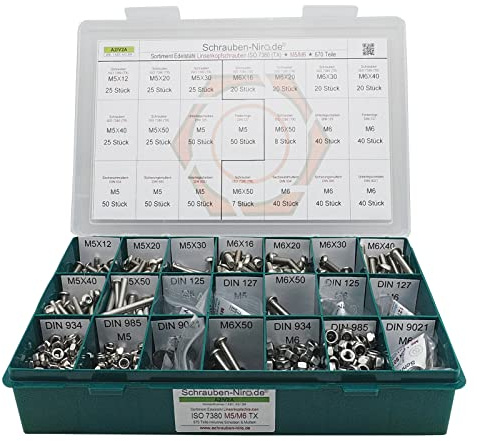 Sortiment M5 + M6 ISO 7380-1 Edelstahl A2 (V2A) Flachrundkopfschrauben Innensechsrund (Torx) - Set bestehend aus Schrauben, Unterlegscheiben (DIN 125, 127, 9021) und Muttern (DIN 934, 985) - 670 Teile