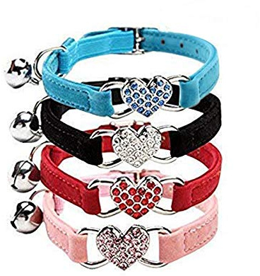 CHUKCHI verstellbares Katzen-Halsband mit Glocke und Herzanhänger mit Kristallsteinen, weicher Samtstoff, sicheres Halsband, 20,3-28 cm