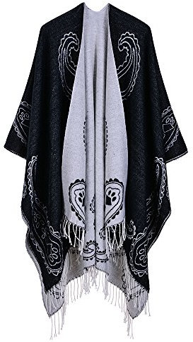 UK_Stone Poncho Damen Cape Trachtentuch Umhang Stola Schultertuch Klassischer Stil aus Acrylic mit Cashew-Blumenmuster Herbst und Winter, Schwarz