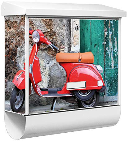 banjado® Burgwächter Briefkasten Weiß 38x39x12cm mit Motiv Rote Vespa/Briefkasten mit Zeitungsfach/Briefkasten mit Zeitungsrolle/Postkasten inkl. Montagematerial & 2 Schlüsseln
