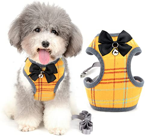 Zunea Harnais et Laisse pour Petit Chien Anti Traction avec nœud Papillon et Cloche de sécurité pour Chiot Chihuahua Yorkshire, Anti-Fuite Reglable Harnais pour Chats/Chaton Jaune L