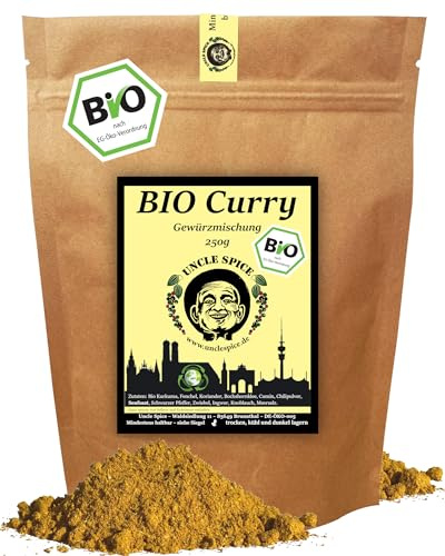 UNCLE SPICE® BIO CURRY Gewürzmischung - 250g Currypulver nach altem indischen Hausrezept - PREMIUMQUALITÄT - Bio Curry Pulver Madras Art ohne Zusätze, für Soßen und Currywurst, DE-ÖKO-005