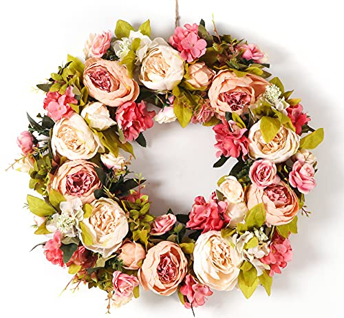 Peony Spring Wreaths for Front Door Outside 22 inch Handmade Summer Wreaths for Front Door Wall Window Decor in All Season(Large)