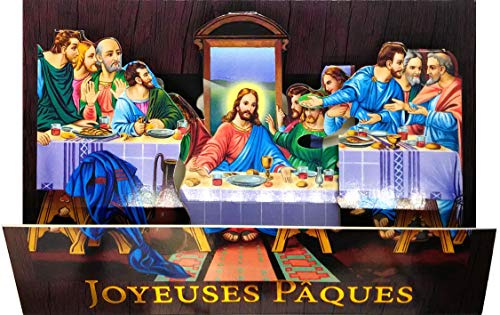 62-1011-A Carte DÉPLIANTE Pop-up 3D Joyeuses PÂQUES en Or Doré Brillant et Enveloppe Blanche - Jésus Christ cène dernier repas dîner Partage Pain Vin Apôtres Fête Printemps