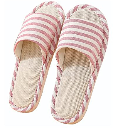Oniphia Bomull Linne Tofflor Inomhus Tofflor Halkfria Ränder Unisex Inomhus Sandaler Casual Tofflor Öppen Dörr Toe Tofflor Hemskor, Röd röd, 37/38 EU