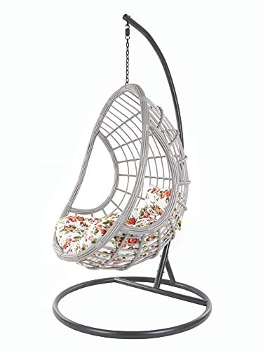 KIDEO PALMANOVA großer Hängesessel inklusive Gestell und Kissen, Polyrattan, grau (Kissen: Chesterstepp geblümt [3761 Roses])