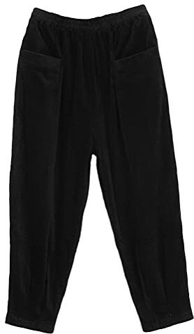 FTCayanz Pantaloni Donna Vita Elastica Velluto a Coste Cotone Gamba Larga Harem Pantaloni con Tasche Nero M