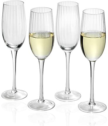 1500° C TABLETOP Stemmed Radial Ray Champagne Flutes Set of 4, 8 oz. Crystal Clear Glassware with Long Stem for Champagne Sparkling Wine.