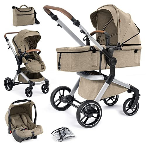 Bergsteiger Kinderwagen Lugo 3in1 | Kombikinderwagen Komplettset inkl. Zubehör - Babyschale, Buggy-Aufsatz, Sonnenschutz & Wetterfußsack | Isofix Station erhältlich