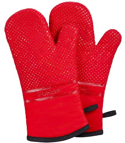 FOHERE Ofenhandschuhe Hitzebestaendig bis 300°C, rutschfest, Rot | Silikon Anti-Rutsch, Baumwollfutter, 32 cm extra lang, weich, dick gepolstert, maschinenwaschbar, für Grill, Backen & Kochen.