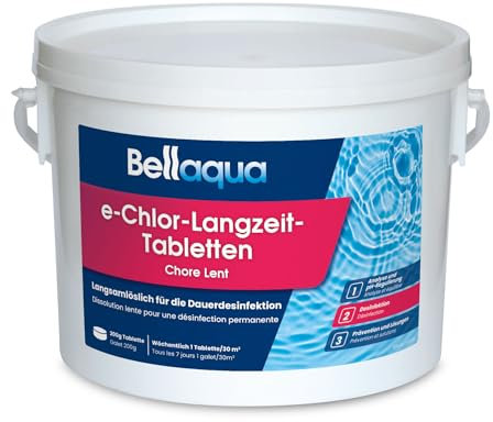 Bellaqua e-Chlor-Langzeit-Tabletten 200g (3kg) - Chlortabletten für Pool - Langzeit Chlortabletten für die Wasserdesinfektion - Chlor organisch - langsamlöslich, Poolpflege