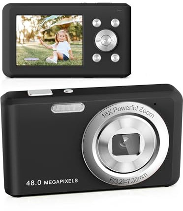 Fotocamera Digitale, Fotocamera Compatta FHD 1080P con Scheda da 32 GB, Fotocamera da 48 MP con Display da 2,4 e Zoom Digitale 16X per Principianti,Adolescenti (Nero)
