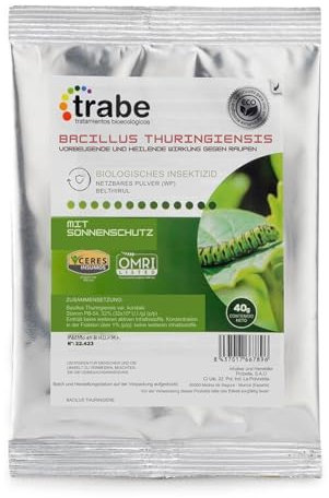 TRABE Bacillus Thuringiensis 40g | Protección contra Orugas Ecológico | Protege Todo Tipo de Cultivos y Plantas de Plagas | Respeta Animales, Medio Ambiente y Personas