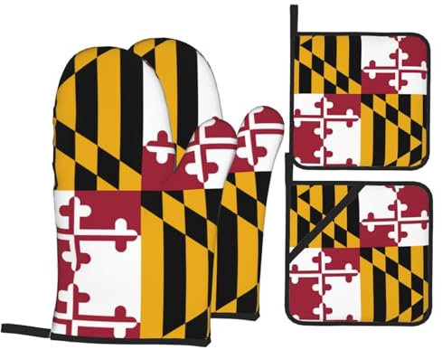4 Pezzi Presine E Guanti Da Forno Maryland State Flag Print Guanti Per Forno Divertenti Guanti Per Grigliare Resistente Al Calore Guanti Termoisolanti Per Grill, Bbq, Cucina