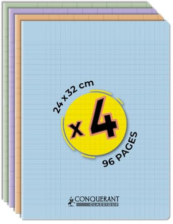 CONQUERANT Lot de 4 Cahiers Classique Pastel 24x32 96 Pages 90g Grands Carreaux Seyès Agrafées Couverture Polypro Couleurs Assorties