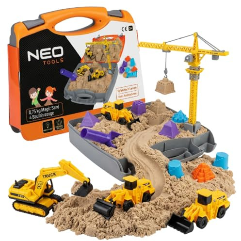 NEO TOOLS Kit de jouets cinétiques avec 0,75 kg de sable magique avec jouets : chantier, pelleteuse, pelleteuse, rouleau, grue pour enfants à partir de 3, 4, 5, 6, 7, 8, 9