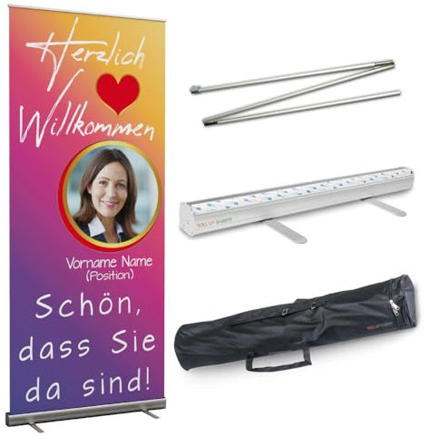 Rollup Banner 85 cm x 200 cm BEGRÜSSUNG inkl. Display, Halterung, Boden und Gestaltung