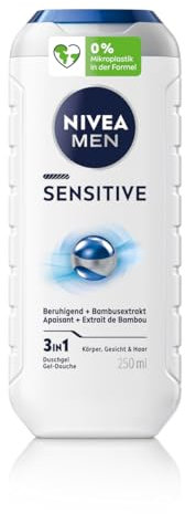NIVEA MEN Doccia Shampoo Sensitive 250 ml, Docciaschiuma uomo 3 in 1 per viso, corpo e capelli, Bagnoschiuma uomo delicato con Estratto di Bambù lenitivo per pelli sensibili e irritate