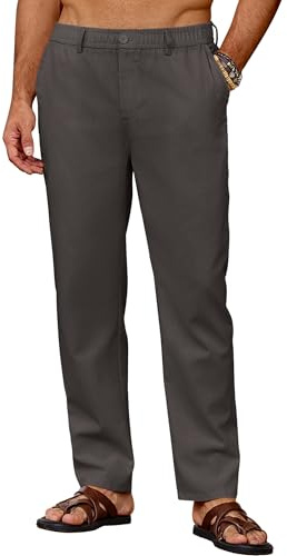 COOFANDY Pantalon Homme en Lin Léger Pantalon d'été Décontracté Pantalons de Plage Uni avec Poches Taille Elastique Gris Foncé 3XL