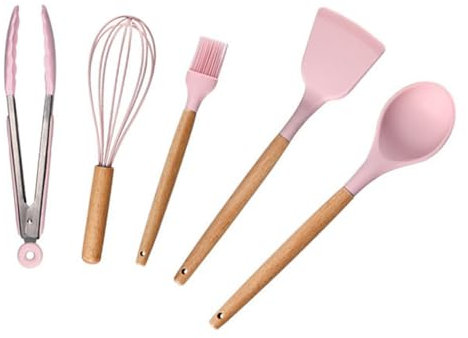Sartén antiadherente con mango de madera, juego de ollas para cocinar, para desayuno, crepera, utensilios de cocina, cacerola, color rosa, 5 piezas, una
