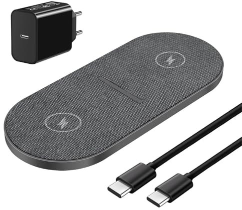 FDGAO Chargeur Induction Double 20W Chargeur sans Fil 2 en 1 avec Adaptateur pour iPhone 17 16 15 14 13 12 11 Pro Max/XS/XR/8 Plus,AirPods,Samsung Galaxy S25/S24/S23/S22/S21,Note20/10,Galaxy Buds etc