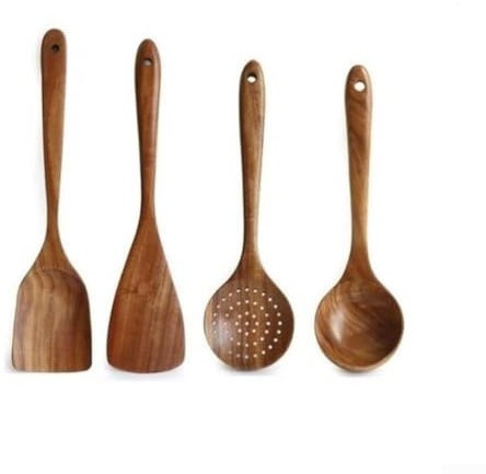 Honseadek 4/6-teiliges Küchenutensilien-Set aus Naturholz, langer Griff, Kochlöffel, Schöpflöffel, Reissieb, Suppenlöffel, Holzspatel, Kochutensilien (4 Stück)