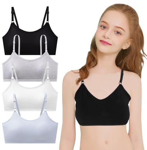 wlertcop 4 Pack Girls Sports Bra,Girls Bra Cotton,Cotton Training Bralette with Fixed Bust Pad and Adjustable Strap Wire Free Underwear Crop Top for Crop Top 10-16 Years