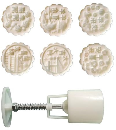 Azxcvbnm Molde para tartas de luna con 6 sellos, pasta de frijoles, molde para pasteles, prensado a mano, Año Nuevo chino, pasteles ABS para hornear