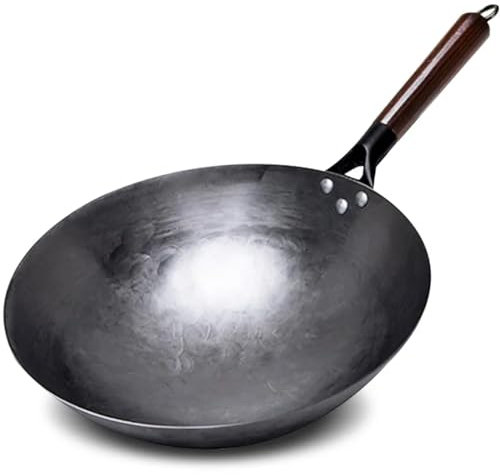MYUYEE Sartén para saltear Wok de Hierro para el hogar Wok de Acero al Carbono sartén de Hierro Forjado a Mano Mango de Madera Hierro Puro sin Revestimiento Olla,30 centímetros