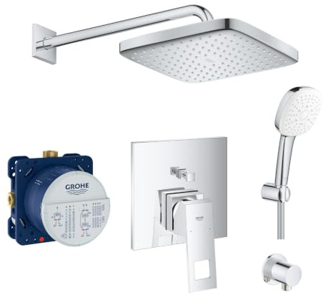 Grohe Duschsystem mit Unterputz Duscharmatur von Grohe Regendusche mit Armatur, Duschkopf eckig, Wandarm Dusch-SET GK01 poliert