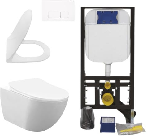 Creavit Hänge WC Set Weiß spülrandlos Rim-Off 48,5 cm Softclose Sitz Vorwand Spülkasten 3/6 L Unterputz Komplettset